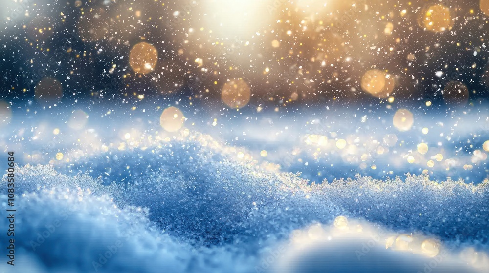 Poster Glittering Snowscape with Golden Bokeh