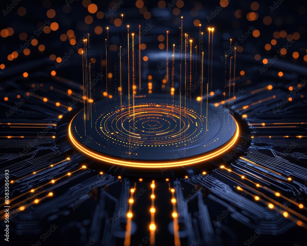 Poster futuristic digital interface with glowing elements and vibrant light effects, perfect for tech-relat