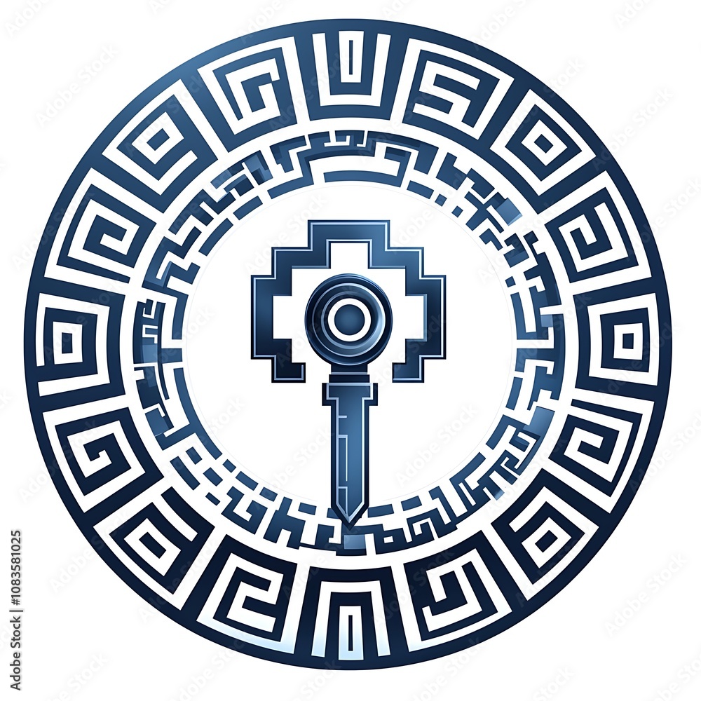 Poster intricate geometric design featuring a central key symbol in a circular pattern, perfect for represe