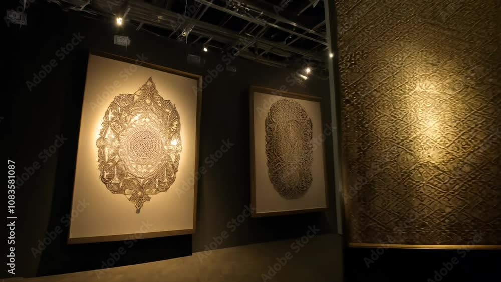 Poster Camera zooms in on an eclectic gallery with textured fabric panels, gobo lighting, and unique patterns.