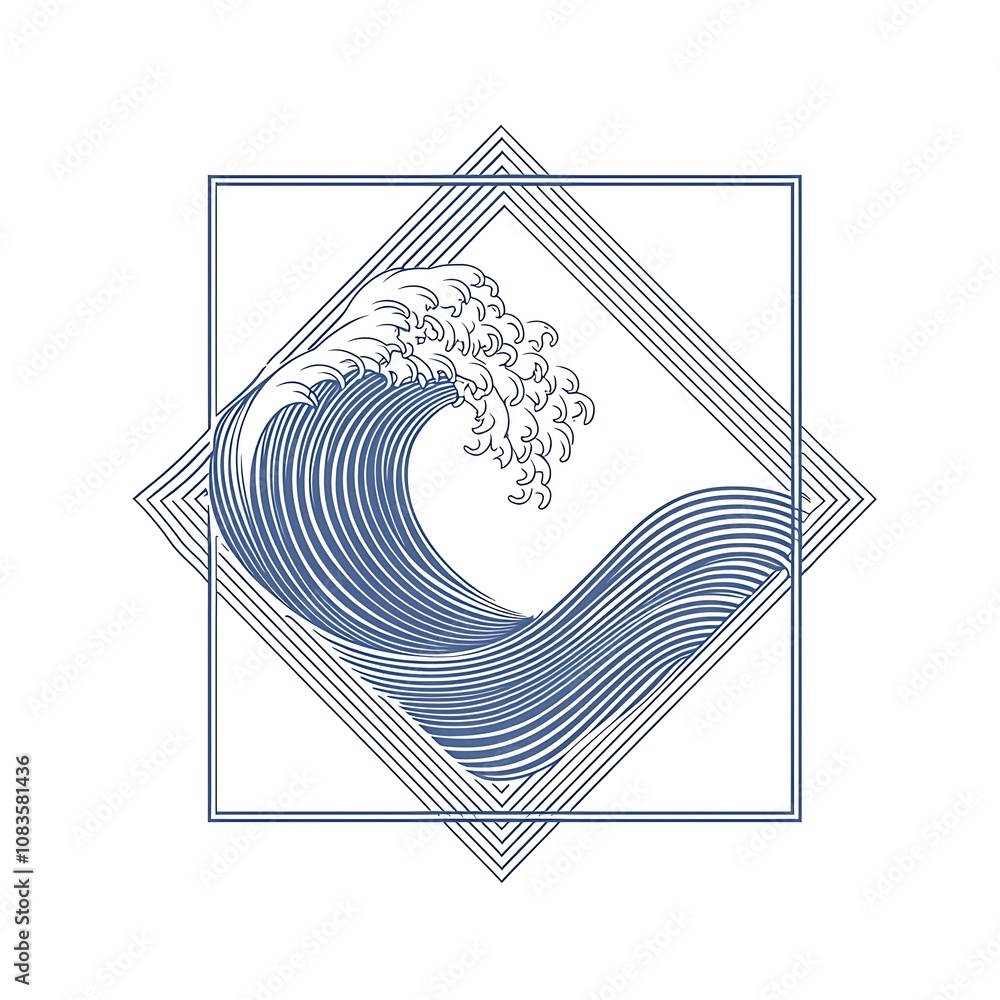 Poster dynamic ocean wave crests captured in elegant line art design with geometric framing perfect for nat