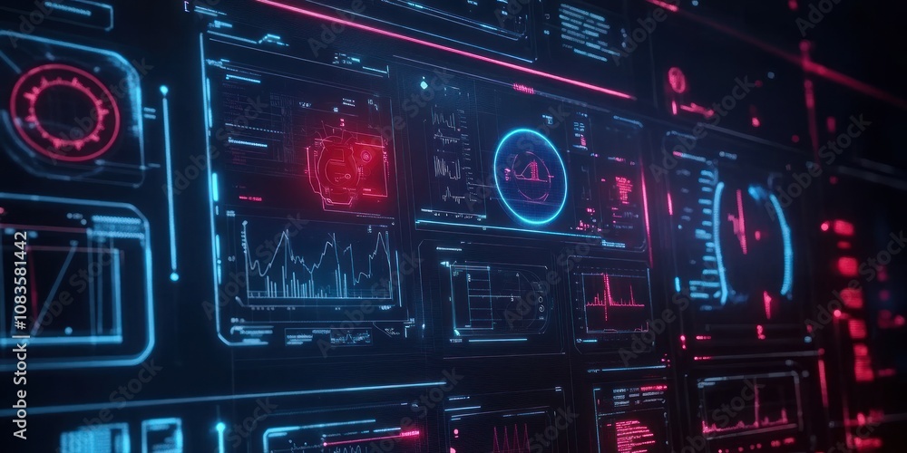 Poster futuristic digital interface with glowing blue and red lines