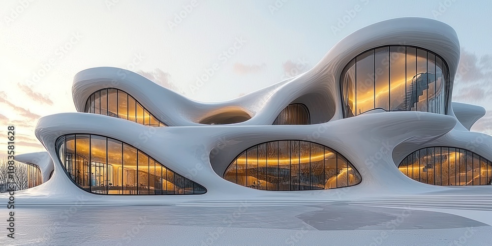 Poster modern white building with curved walls and large windows