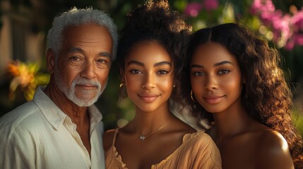 Fototapeta premium Three generations of a family posing for a portrait outside their home, the bright sun shining on their smiling faces, with a garden of blooming flowers behind them. Generative AI