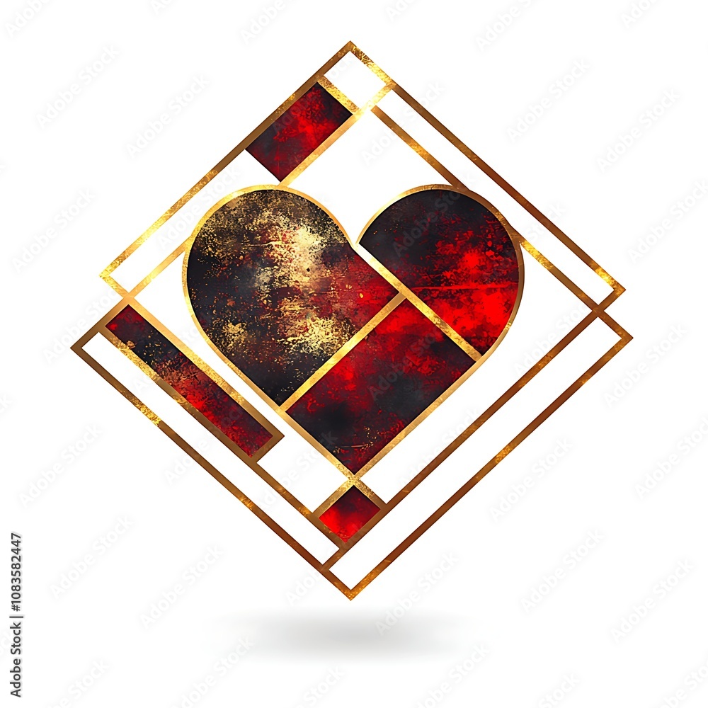 Poster artistic heart design with golden frame and abstract red patterns for romantic themes and elegant de