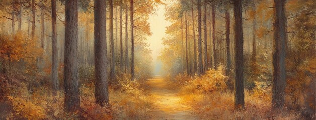forest path leading through tall trees, bathed in the golden light of the autumn leaves