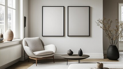 Fototapeta premium A minimalist living room with wooden furniture.