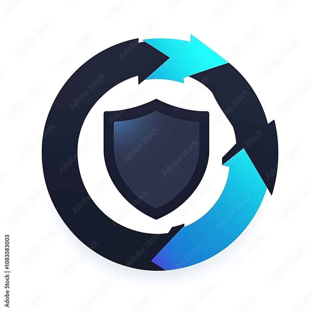 Poster modern cybersecurity concept with shield icon and circular arrows depicting data protection, securit