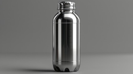A silver bottle with a screw top on a gray background.