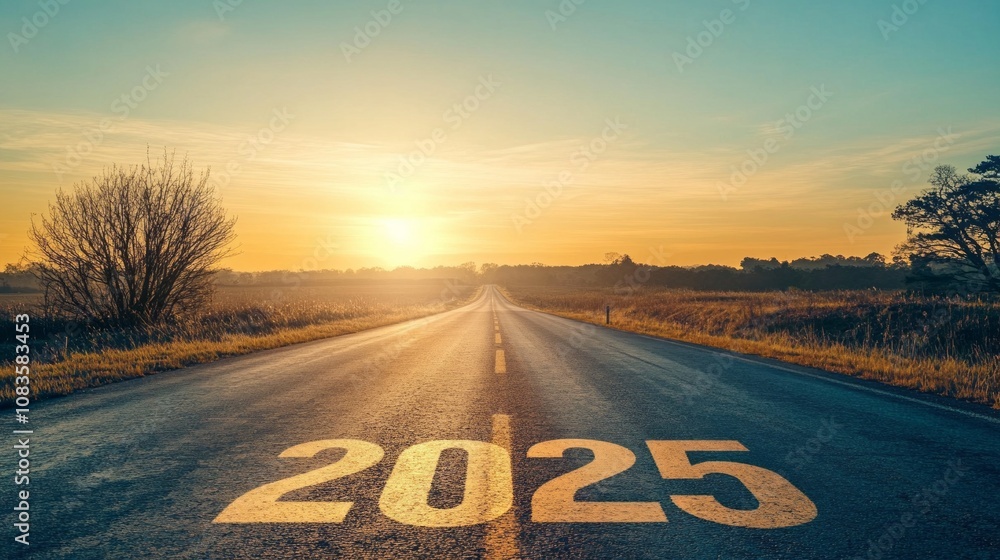 Poster a road with a sun setting in the background and the number 2025 written on it
