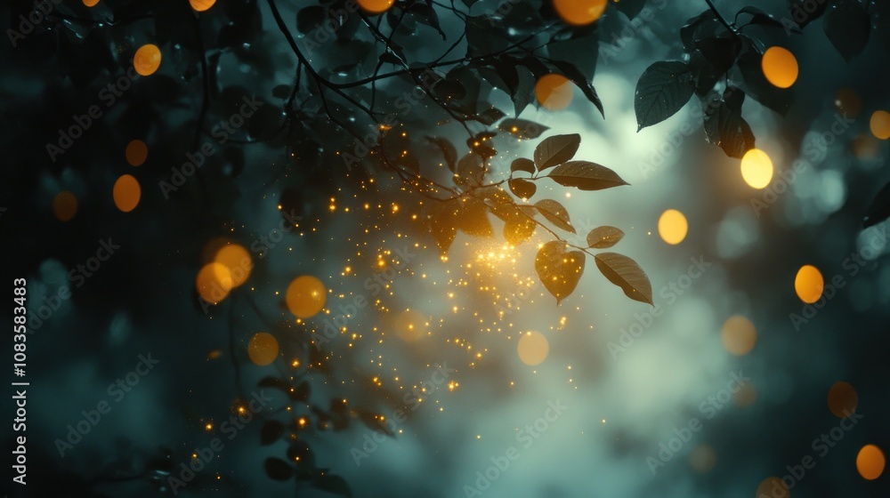 Poster Silhouetted Tree Branch with Golden Bokeh and Dust Particles