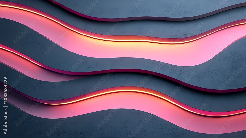 Aufkleber abstract background with flowing waves and neon lights in shades of pink and red on dark textured su