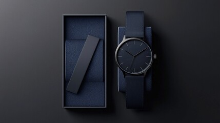 Branding preview mockup of a luxury watch shown in a custom velvet box, set on a dark background