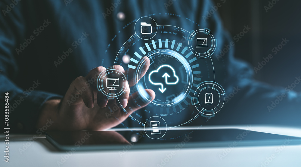 Poster person interacting with a futuristic digital cloud interface, displaying various file types and devi