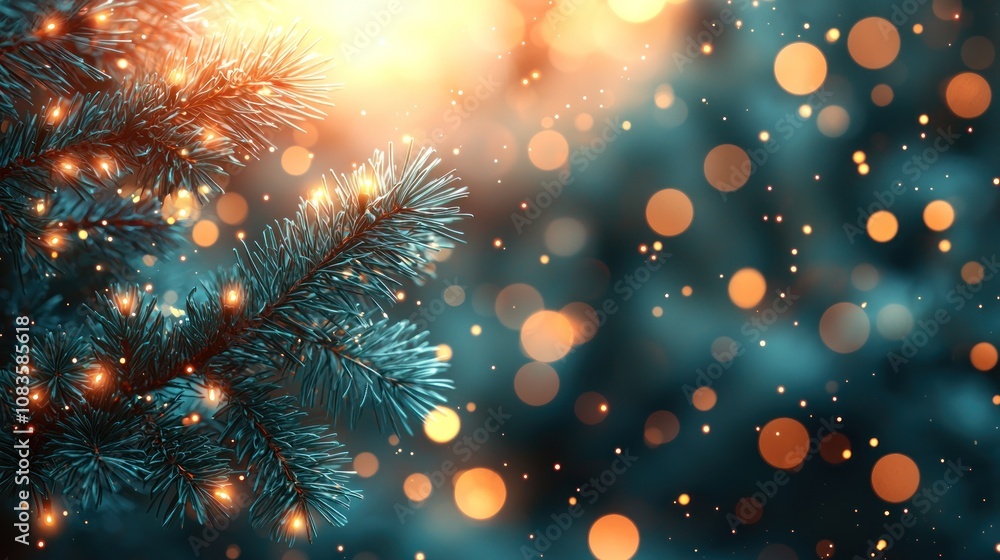 Poster A Pine Branch Adorned with Warm Lights Against a Blurred Background of Golden Bokeh