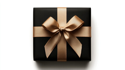 Black gift box with orange ribbon on white background