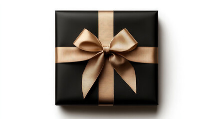 Black gift box with orange ribbon on white background