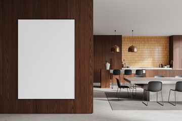 Home kitchen interior with eating table, bar island and chairs. Mockup frame
