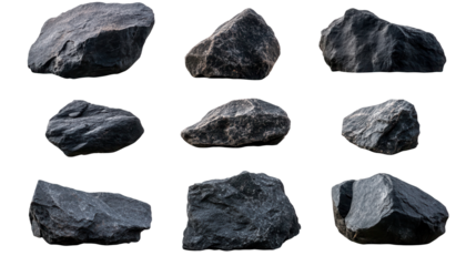 A collection of black stone rocks on white background. transparent background