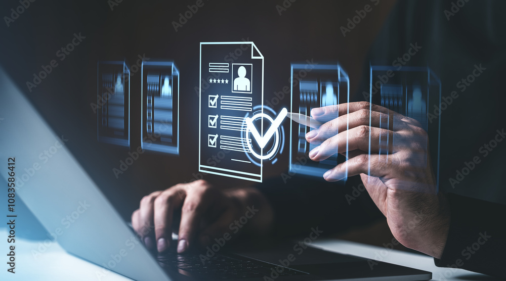 Poster digital resume screening process with a person interacting with floating holographic documents and c