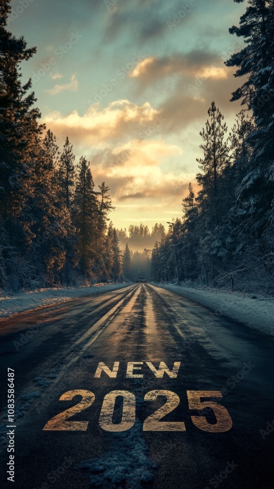 Poster A road with trees in the background and the words 