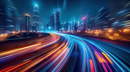 Obraz premium Night cityscape with vibrant light trails on a curved highway.