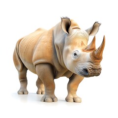 Fototapeta premium A realistic rendering of a majestic rhinoceros standing on a plain white background, showcasing its muscular build and unique horn structure with lifelike detail and precision.