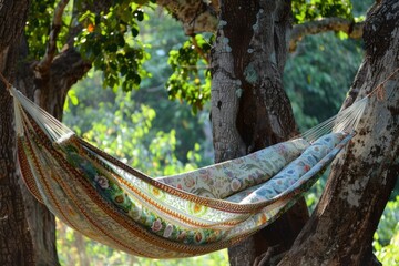 A colorful hammock suspended between trees, inviting relaxation in a serene natural setting.