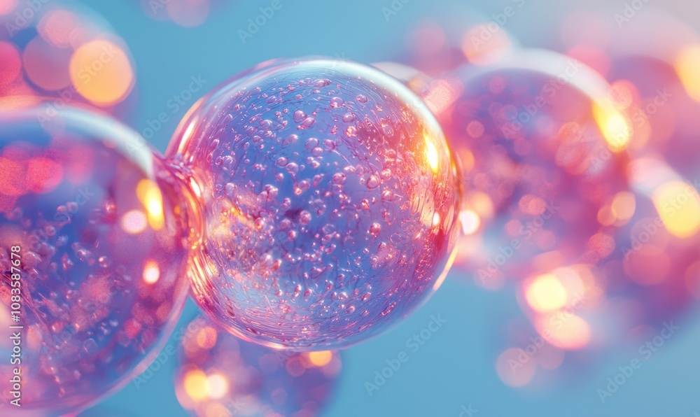 Poster closeup of shiny transparent spheres with air bubbles and bokeh lights