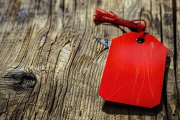 A red tag resting on a textured wooden surface, suggesting a labeling or pricing purpose.