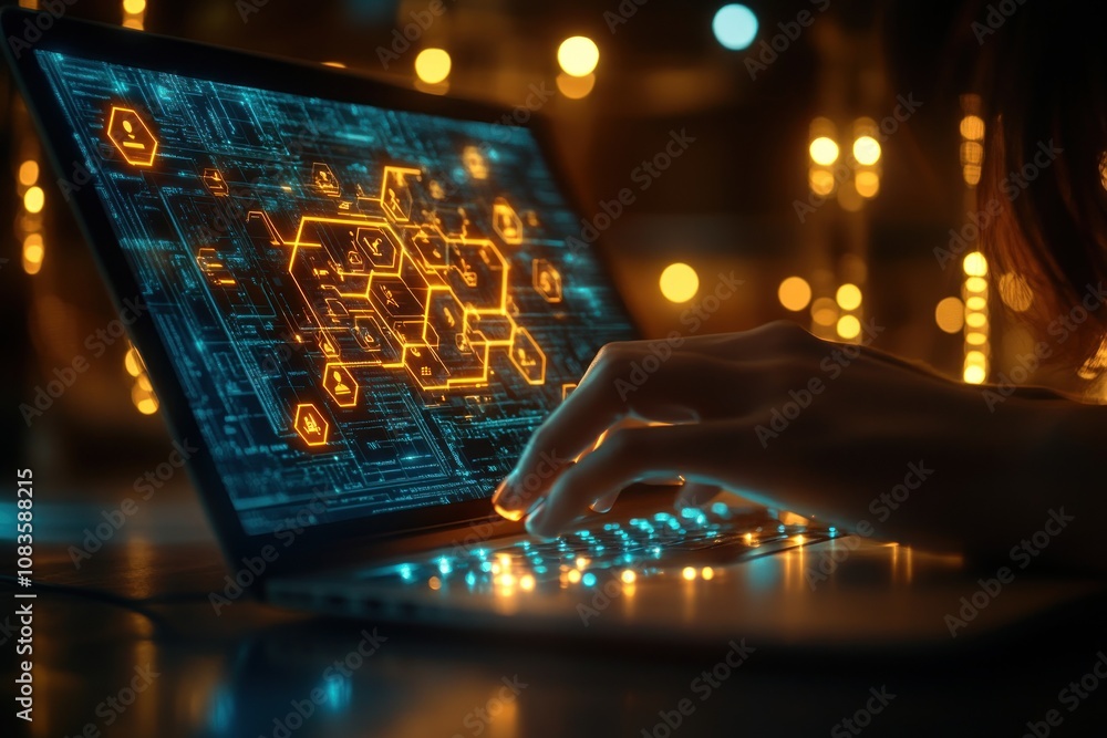 Aufkleber person typing on a laptop with a futuristic interface displaying digital icons