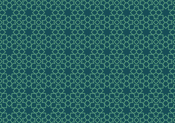 Abstract geometric Islamic motif with dark green lines on a light green background.