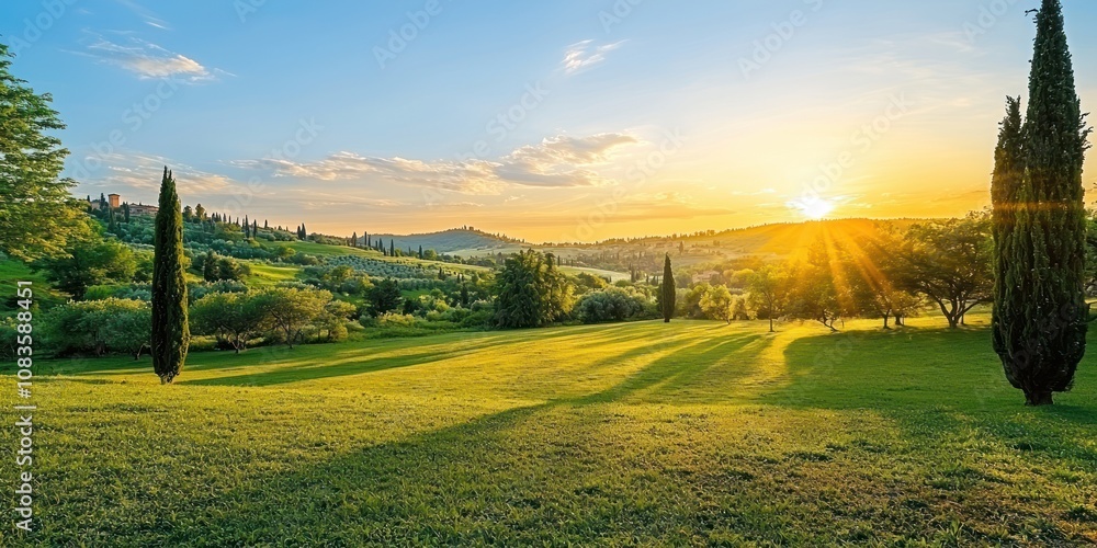 Poster Sunset over rolling hills with tall trees and a field of grass