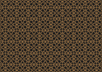 Abstract background with a geometric Islamic pattern of gold lines on a black color scheme.