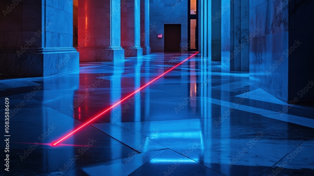 Fototapete bright red laser beams create a striking pattern across a polished marble floor in a modern corridor