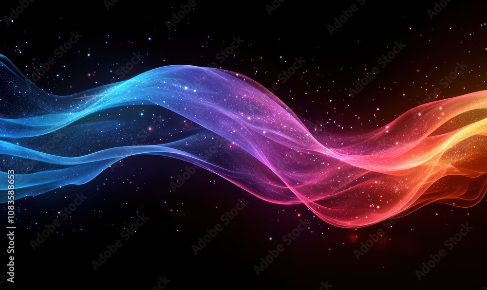 Aufkleber Abstract Wavy Lines with Colorful Glowing Particles on a Black Background