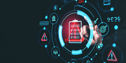 Digital interface with risk management icons and checklist, glowing on dark background. Business...