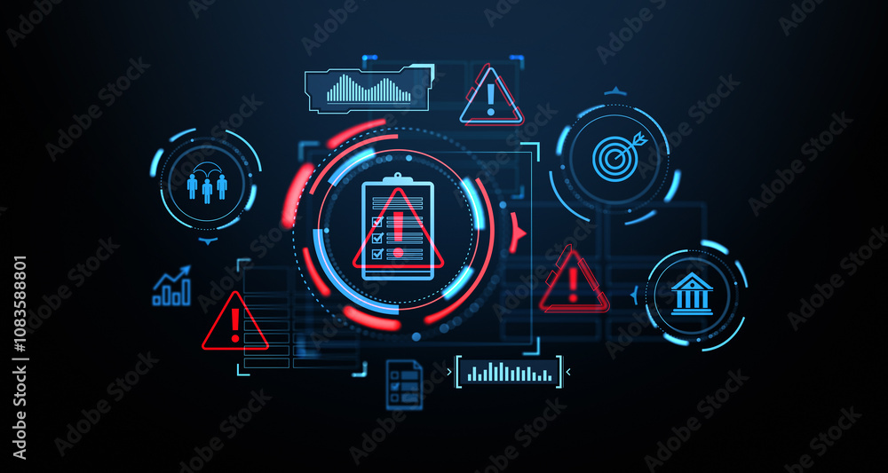 Poster digital infographic with warning signs, checklist, and icons on a dark technology interface backgrou