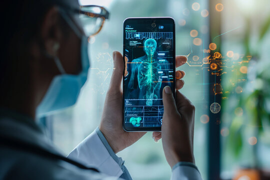Doctor on the phone looks at a digital medical record. AR healthcare and network connection on a hologram of a modern user interface for treatment and diagnosis of the body.