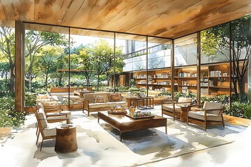 Fototapeta premium Watercolor Illustration of a Modern, Sunlit Lounge with Floor-to-Ceiling Windows Overlooking a Lush Garden. This image showcases contemporary interior design with a tranquil, natural aesthetic.
