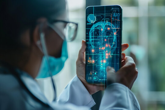 Doctor on the phone looks at a digital medical record. AR healthcare and network connection on a hologram of a modern user interface for treatment and diagnosis of the body.