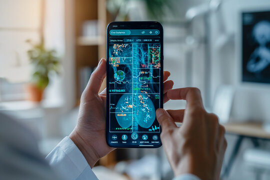 Doctor on the phone looks at a digital medical record. AR healthcare and network connection on a hologram of a modern user interface for treatment and diagnosis of the body.