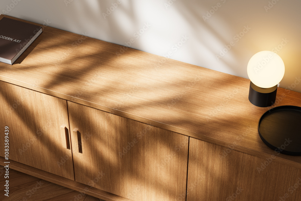 Poster wooden cabinet with book and lamp on top in soft lighting environment with shadows on the surface. 3