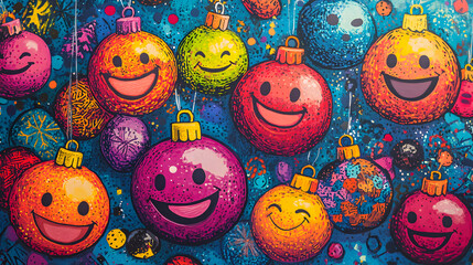 Fototapeta premium Vibrant and Cheerful Ornament Background with Colorful Smiley Faces Perfect for Celebrations and Holiday Themes Ideal for Festive Designs and Joyful Promotions
