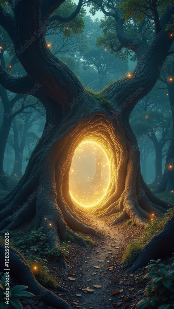 Poster a forest with a moon in the sky and a path leading through it