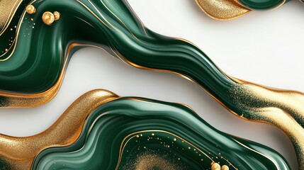 Obraz premium An abstract design featuring green and gold fluid shapes intertwined on a white background.