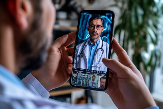 Doctor on the phone looks at a digital medical record. AR healthcare and network connection on a hologram of a modern user interface for treatment and diagnosis of the body.