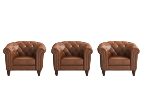 Elegant brown leather armchairs in a row. transparent background