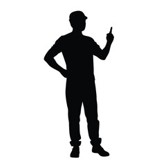 A man is standing in front of a white background. He is wearing a hat and a shirt. He is pointing to the right