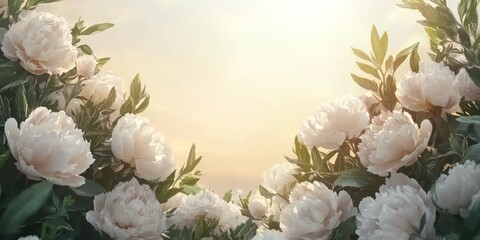 Obraz premium White Peonies with Green Leaves and Sunlit Background